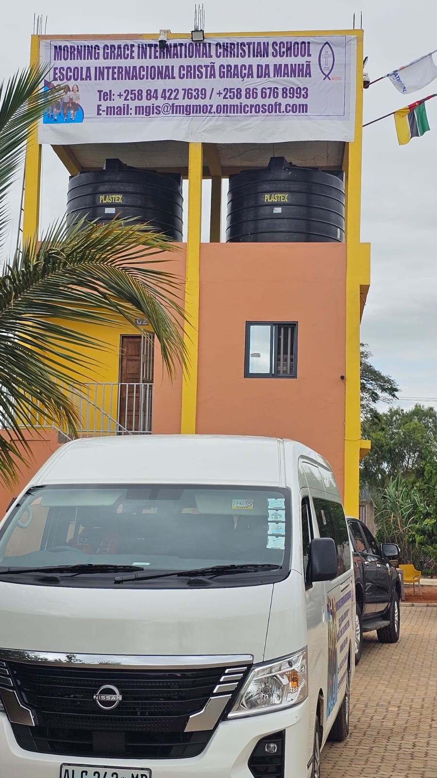 MGIS campus tower displaying the Morning Grace International Christian School sign